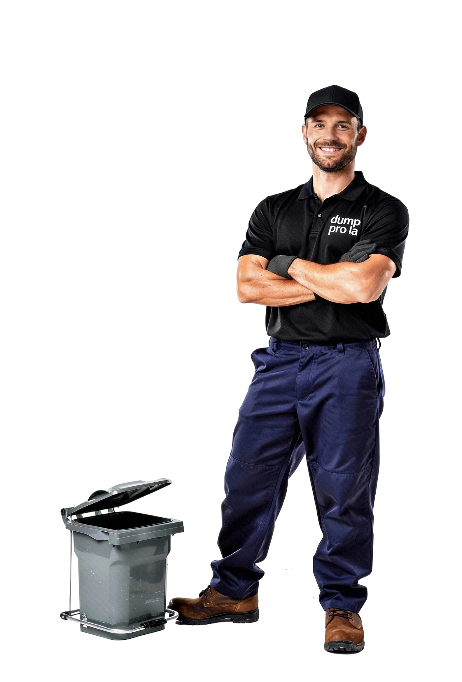 Professional junk removal worker standing beside a trash bin representing full-service junk removal by Dump Pro LA in Los Angeles
