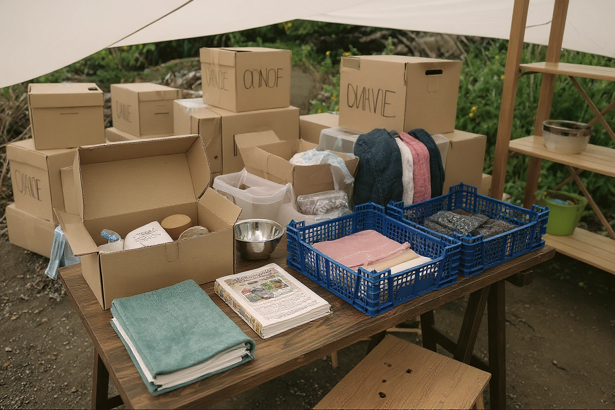 Organized donation boxes with clothes and household goods collected by Dump Pro LA in Los Angeles