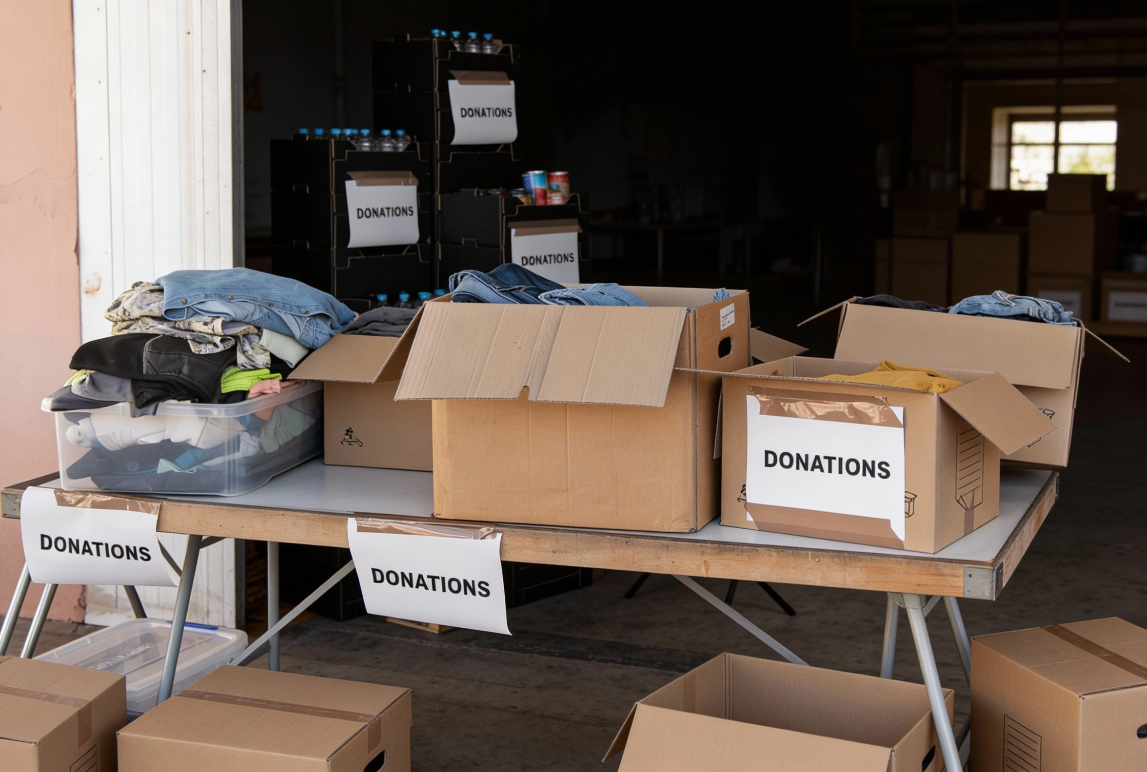 Organized donation boxes with clothing and household items prepared for pickup by Dump Pro LA in Los Angeles