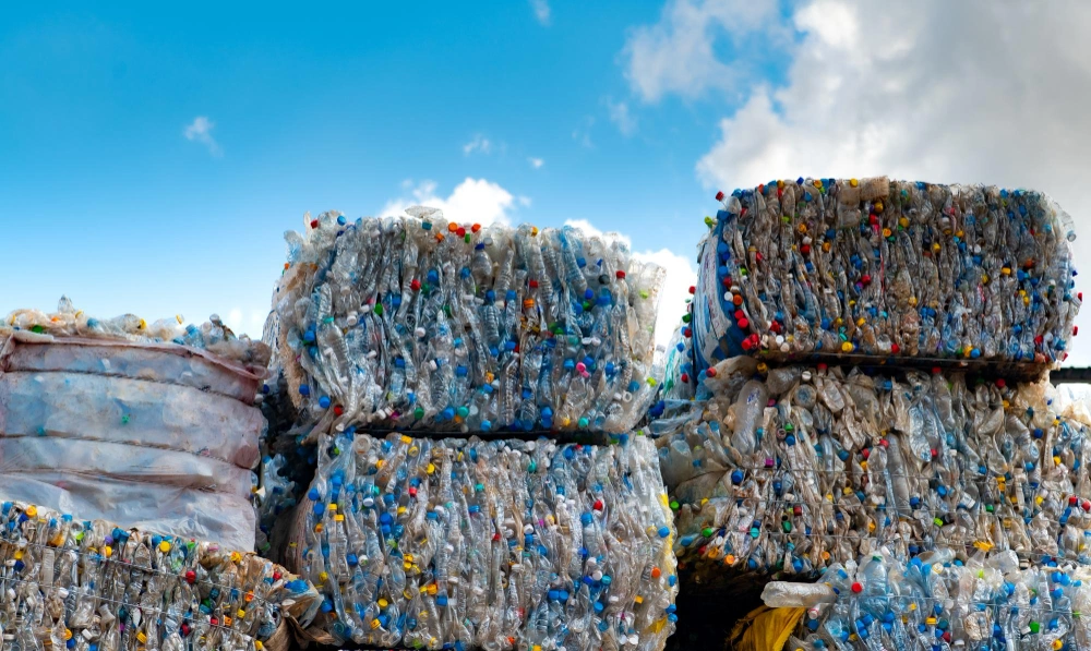 Compressed plastic bottles prepared for recycling by Dump Pro LA in Los Angeles